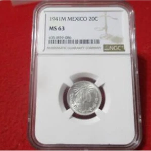 1941-M MEXICO  SILVER  20 CENTAVOS  NGC MS 63 BLAST WHITE - Picture 1 of 4