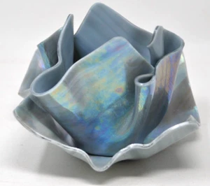 IRIDESCENT ART GLASS Folded HANDKERCHIEF Vase BOWL Candle Blue Gray 2 Piece - Picture 1 of 7