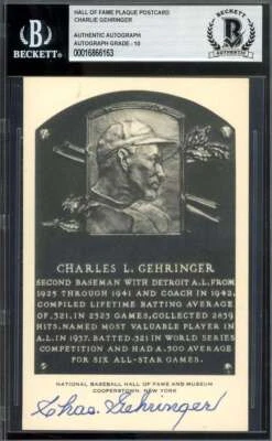 Charlie Gehringer Gema Como Nueva 10 Beckett BAS Firmado Negro Blanco Salón de la Fama Placa Foto 1 de 2