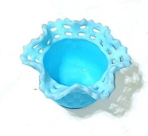 Fenton Milk Blue Art Satin Glass Candy Bowl Dish Basket Weave Turquoise Aqua - Picture 1 of 4