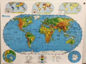 Nystrom Physical Landscape Laminated World Map 2-Sided  22" X 17.5"  Very Clean - Picture 1 of 11