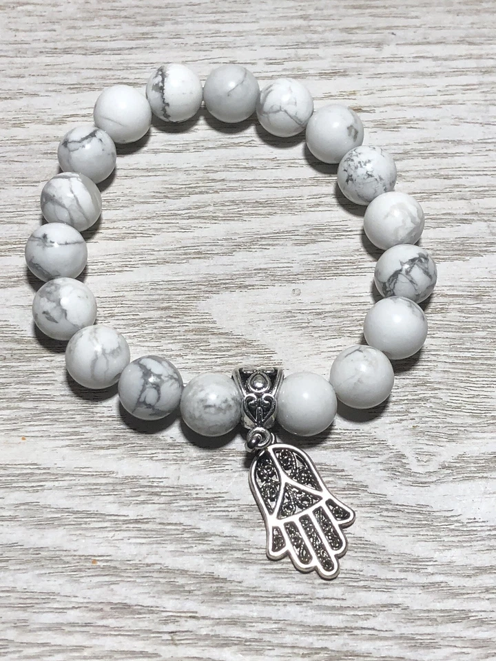 Natural Howlite Gemstone Hamsa Hand Charm Bracelet, Protection, Health - Image 1 of 3