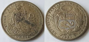 PERU 1925 1 SOL FIRME Y FELIZ POR LA UNION SILVER COIN - Picture 1 of 3