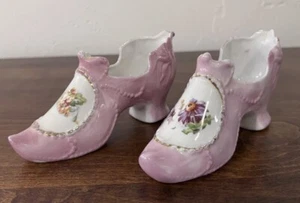 2 Antique 1868 Porcelain Slippers Victorian Edwardian Gold Trim Hand Painted PJF - Picture 1 of 24