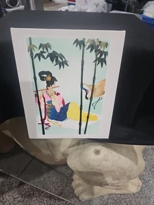 Geisha with Crane Eternal Love Hand Cut & Painted Wheat Stalk on Silk 9"x11" NEW - Picture 1 of 8