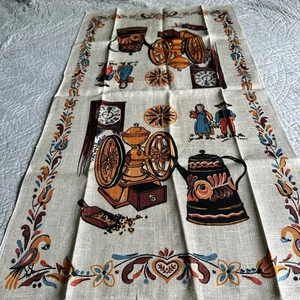 Vintage Tea Towel Linen Folk Art Hand Printed Poland Signed Gina Flowers & Birds - Picture 1 of 8