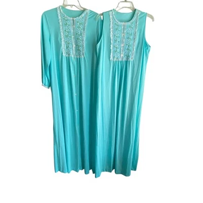 Vintage Gossard Artemis Nightgown Robe Set Womens Large Blue Floral Lace USA 70s - Image 1 of 4