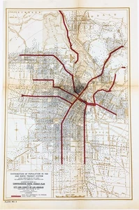 1925 LOS ANGELES RAPID TRANSIT Map Distribution of Population Transit Lines - Picture 1 of 4