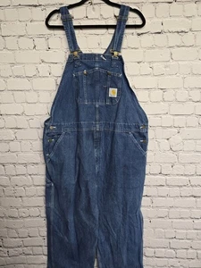 Carhartt Denim Bib Overalls Mens 44x32 R07-DST Workwear Utility Carpenter Blue - Picture 1 of 13