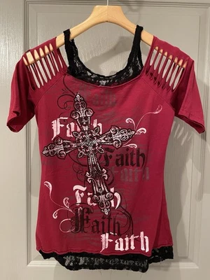 Y2K Random Faith Red Tank Top Shirt Sz M Bling Cross Frutiger Metro Grunge Emo - Image 1 of 4