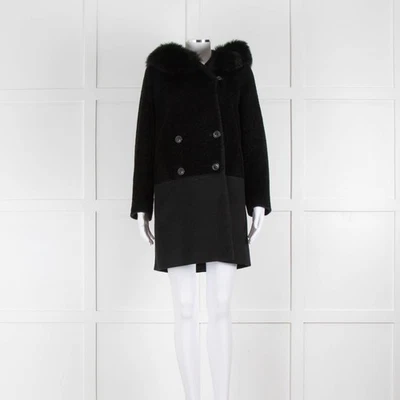 Max Mara Black Wool Alpaca Mix Coat with Fox Fur Trimmed Hood - Image 1 of 4