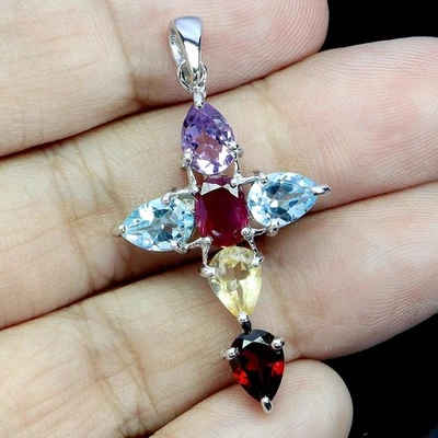 925 ciondolo in argento legge ovale rubino ametista citrino croce gemma gioielli - Immagine 1 di 4