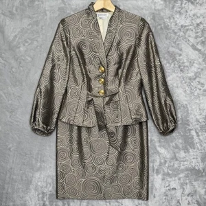 Kay Unger Rock Anzug Damen 6 braun gold Jacquard Seide gefüttert Schößchen Gürtel Set - Bild 1 von 16