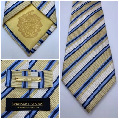 "Corbata Donald J Trump barra de oro colección exclusiva oro azul rayas seda 59""x4""" Foto 1 de 4