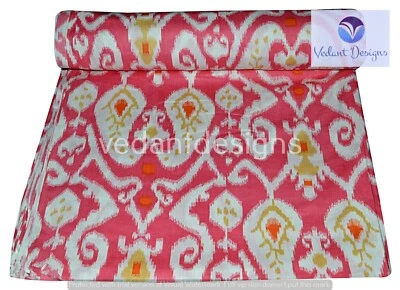 Multi Ikat Indian Hand Block Running 100% Cotton Pink Fabric 5 Yard - Image 1 of 4