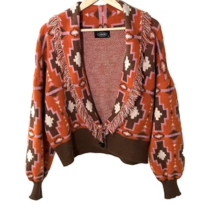 Cider Aztec Fringe Tassel Cardigan Sweater Size Medium Boho Southwestern Artsy * - Picture 1 of 6