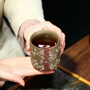 Wintersweet Relief Chinese Teacup True Yixing Zisha Purple Clay Marked Cup 200ml - Picture 1 of 10