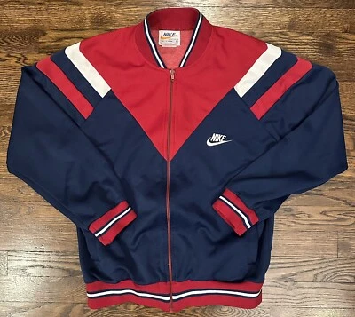 Men’s VTG Early 80’s Nike Swoosh Logo Navy Blue Red Track Jacket Med - Image 1 of 4