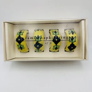 Set of 4 Pier 1 Imports Ceramic Napkin Rings Blue Yellow Flowers Floral India - Picture 1 of 16
