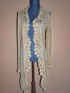 BCBGMaxAzria Khaki Crochet Open Cardigan Hi Lo Scallop Cover Up/Sweater Size XL - Picture 1 of 4