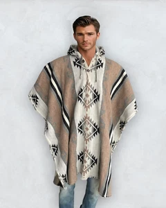 100% Wolle Poncho mit Kapuze in beige braun | weich | Indianer | Southwestern - Bild 1 von 9