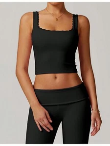 Women's Square Neck Ribbed Crop Tank Top With Wide Straps - Picture 1 of 29