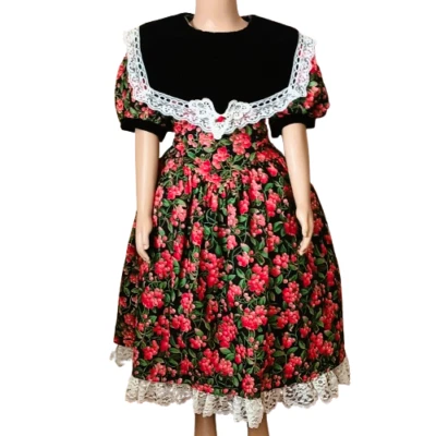 Vitg Girls Floral Cherry Dress 10PP w Hair Bow Large Black Velvet Lace Collar - Image 1 of 4