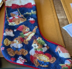 vintage needlepoint christmas stocking Teddy Bears 17” Toys New - Picture 1 of 1