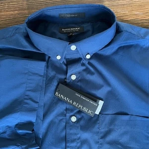 NWT Banana Republic Tech Stretch Slim Cotton SS Dress Shirt Mens XL Navy Blue  - Picture 1 of 7