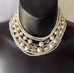 Vintage mehrsträngige Halskette Creme Kunstperlen und Kristalle JAPAN. - Bild 1 von 5