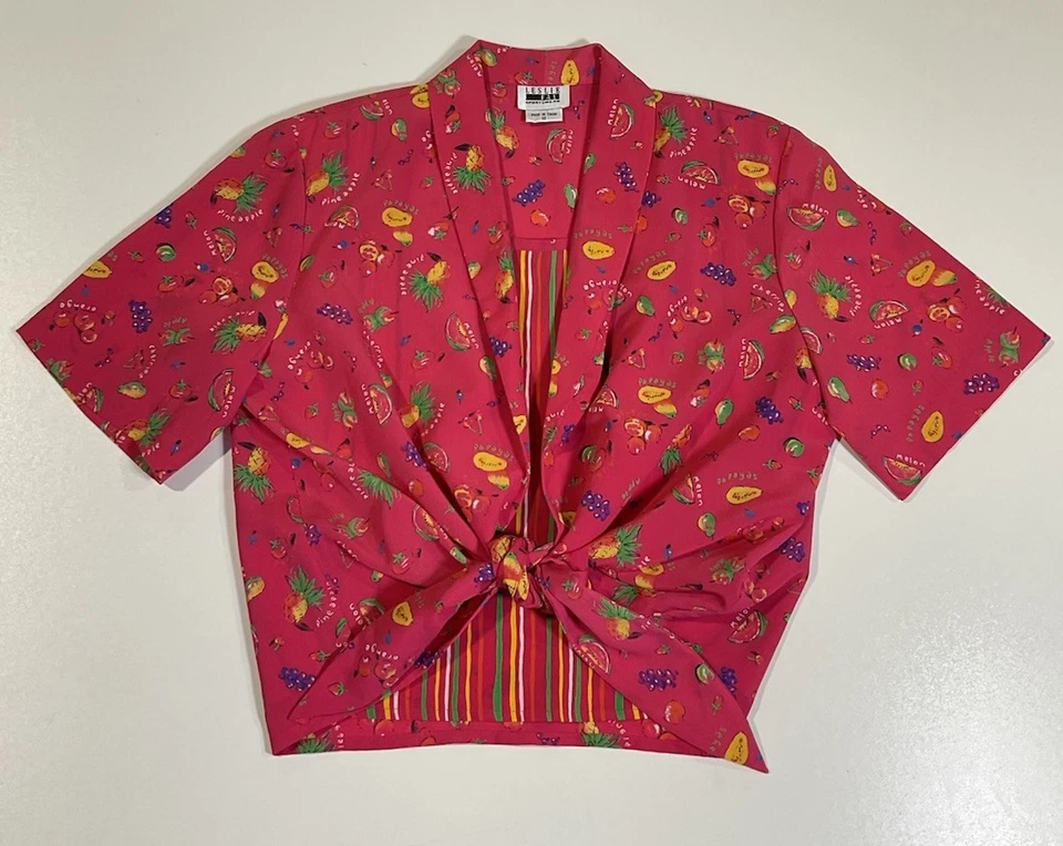 Blusa corta vintage Leslie Fay fruta talla M novedad corbata frontal tropical años 90 Foto 1 de 4