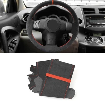 Black+Red Steering Wheel Suede Leather Cover For Toyota RAV4 2006-2012 Yaris xB - image 1 of 4
