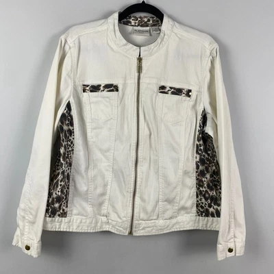 Chaqueta Chicos Blanca Denim Embellecida Talla 3 US XL Cremallera Completa Estampado Animal Borde Foto 1 de 4