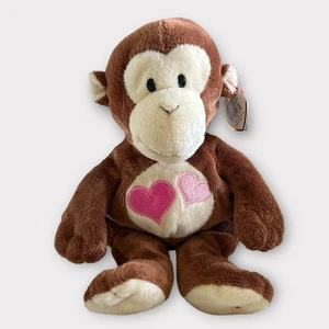 2010 TY Pluffies LOVESY 10" Soft Plush Stuffed Toy Monkey Brown Pink Hearts RARE - Picture 1 of 8
