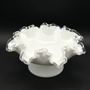 Vintage Fenton Silver Crest White Milk Glass Ruffled Edge 7.5 Inch Pedestal Bowl - Picture 1 of 11