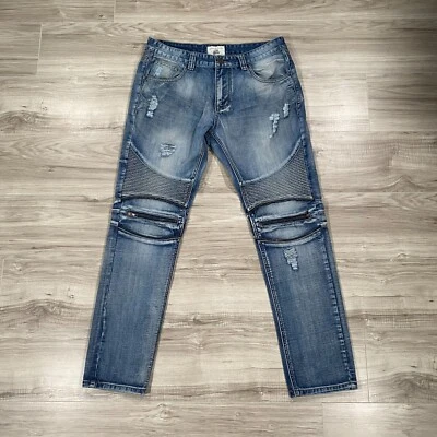 Pantalones de mezclilla Smoke Rise para hombre 36x32 azul ajustados ropa de calle con paneles grunge Y2K Foto 1 de 4