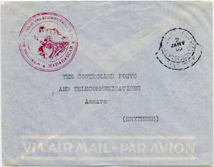 MADAGASCAR all'ERITREA 1953 POSTA AEREA POSTE UFFICIALI + TELEGRAFI ad ASMARA - Foto 1 di 2