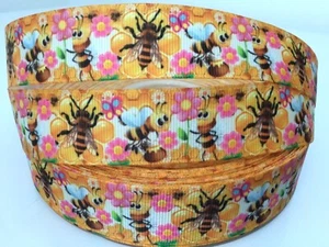 Grosgrain Bumble Bee Flying Honey(25mm)width, for craft, hair, cake deco etc - Picture 1 of 2