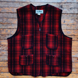 Vintage Mens L.L. Bean Red Black Plaid Wool Cinch Back Vest Large USA Made