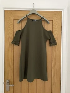 PLT Dress Size 4 Cold Shoulder Sleeve Crinkle Crepe A-Line Khaki - Picture 1 of 4