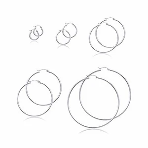 14K White Gold Round Hoop Earrings 2mm 13-65mm - Polished Plain Tube Women Men - Picture 1 of 15
