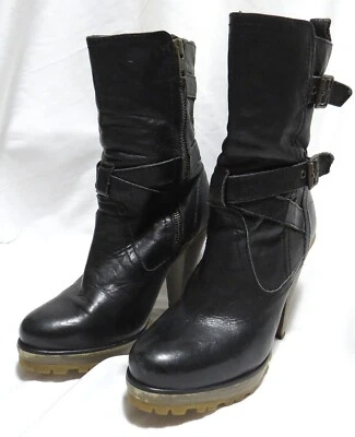Steve Madden CUERO NEGRO Botas Stiletto Talla 7 Tacón Apilado Suela Correas España Foto 1 de 4