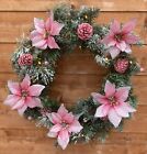 Handmade Pre lit Pink Artificial Christmas Snowy  Wreath