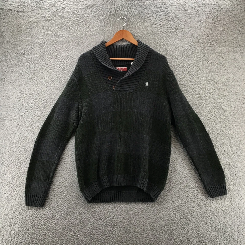 Penguin Shawl Pullover Sweater Mens M Green Cotton Blend Check Long Sleeve Knit - Image 1 of 4