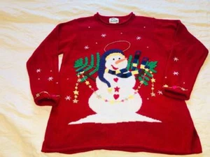 The Quacker Factory Christmas Winter Red Sweater Angora Snowman Rolled Cuffs L - Picture 1 of 12