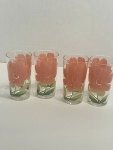 Vintage Federal Glass Pink Yellow Green Flower Hibiscus Juice Glasses MCM - Picture 1 of 9