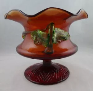 VICTORIAN Amberina?? Hand Blown Glass Footed Red BASE Applied Green Leaf Bowl - Picture 1 of 9