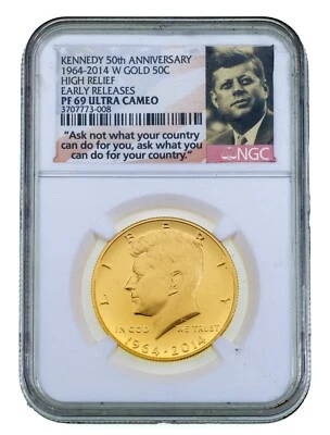 2014-W 50 Aniversario Kennedy 3/4 Oz. Oro Alto Relieve NGC PF69 Ultra Cameo ER - Imagen 1 de 4
