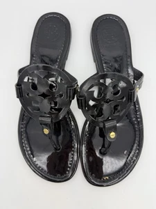 Tory Burch Miller Sandals Womens 9.5 Black Patent Leather Vacation Travel Cruise - Picture 1 of 10