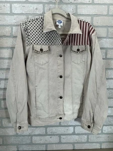 DG2 Diane Gilman Jeansjacke Sterne Streifen Damen XL hellbraun patriotisch USA Nieten - Bild 1 von 12